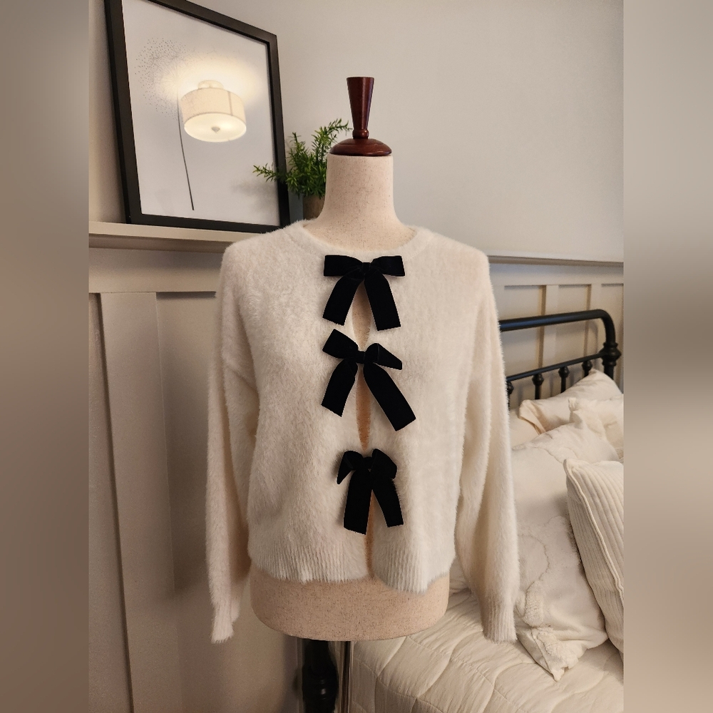 Rachel Zoe White Fuzzy Sweater with Black Bows